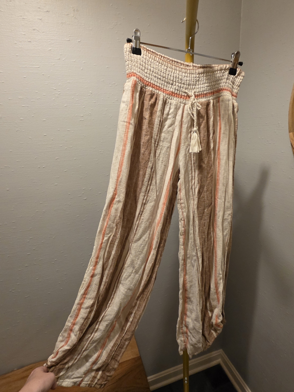 Vanilla Star Cream & Tan Striped Linen Pants - Size Medium